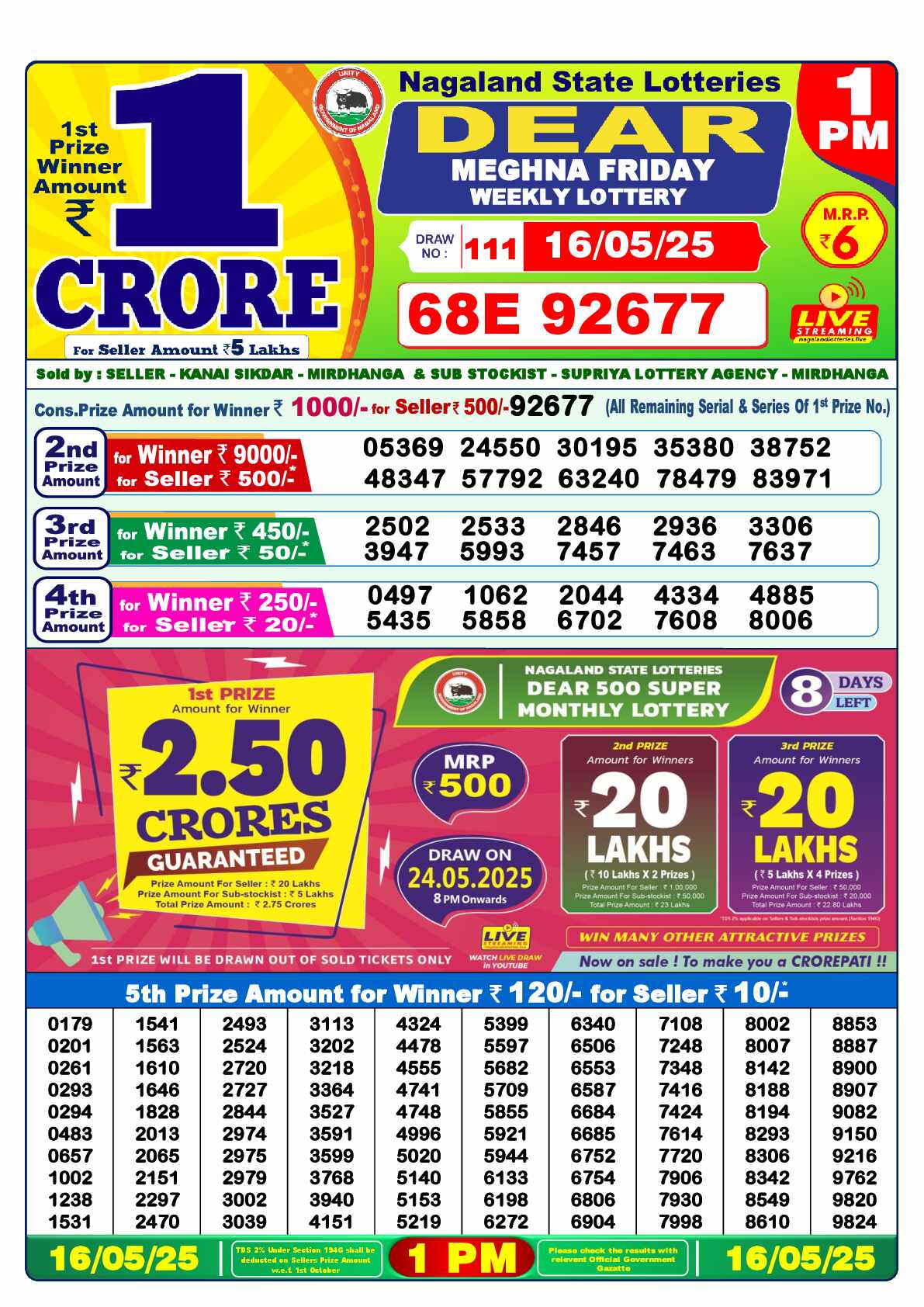 Nagaland Lottery Result Yesterday 1pm 16 May 2025