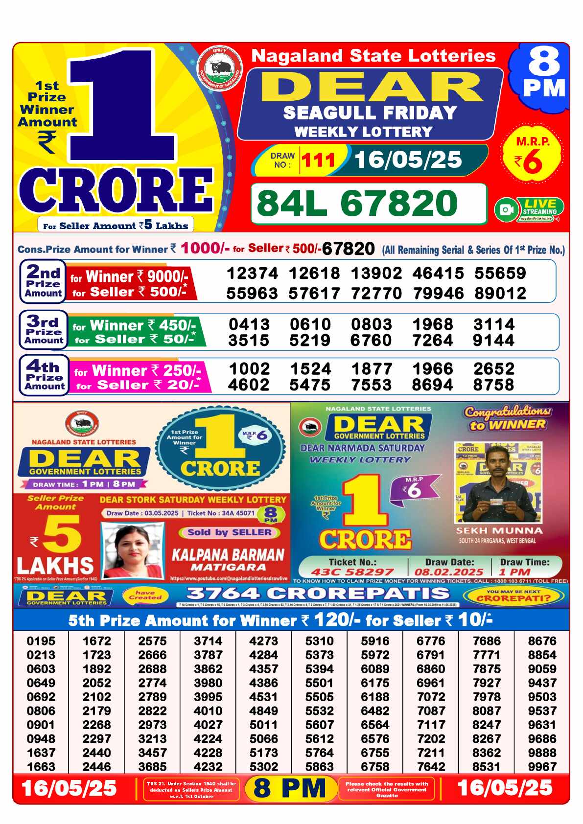 Nagaland Lottery Result Yesterday 8pm 16 May 2025