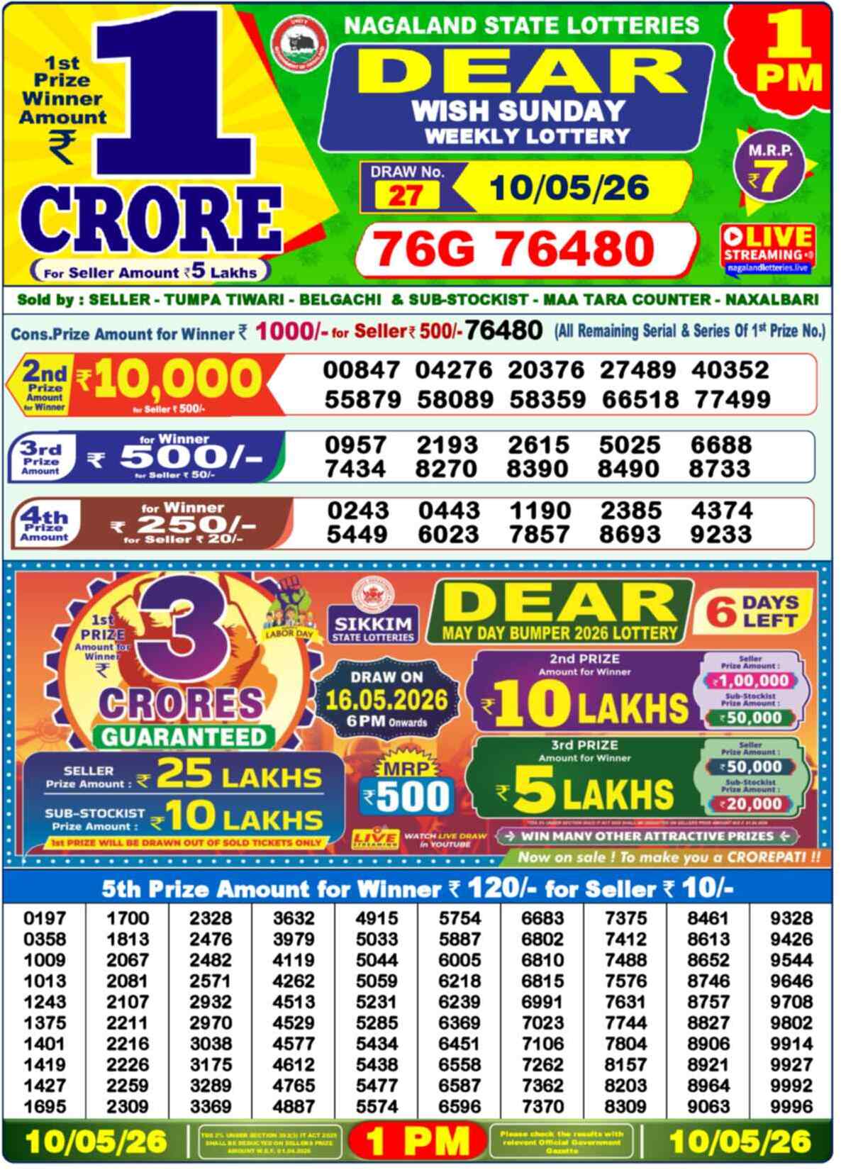 Nagaland Lottery Result Today 1:00 PM 10/05/26