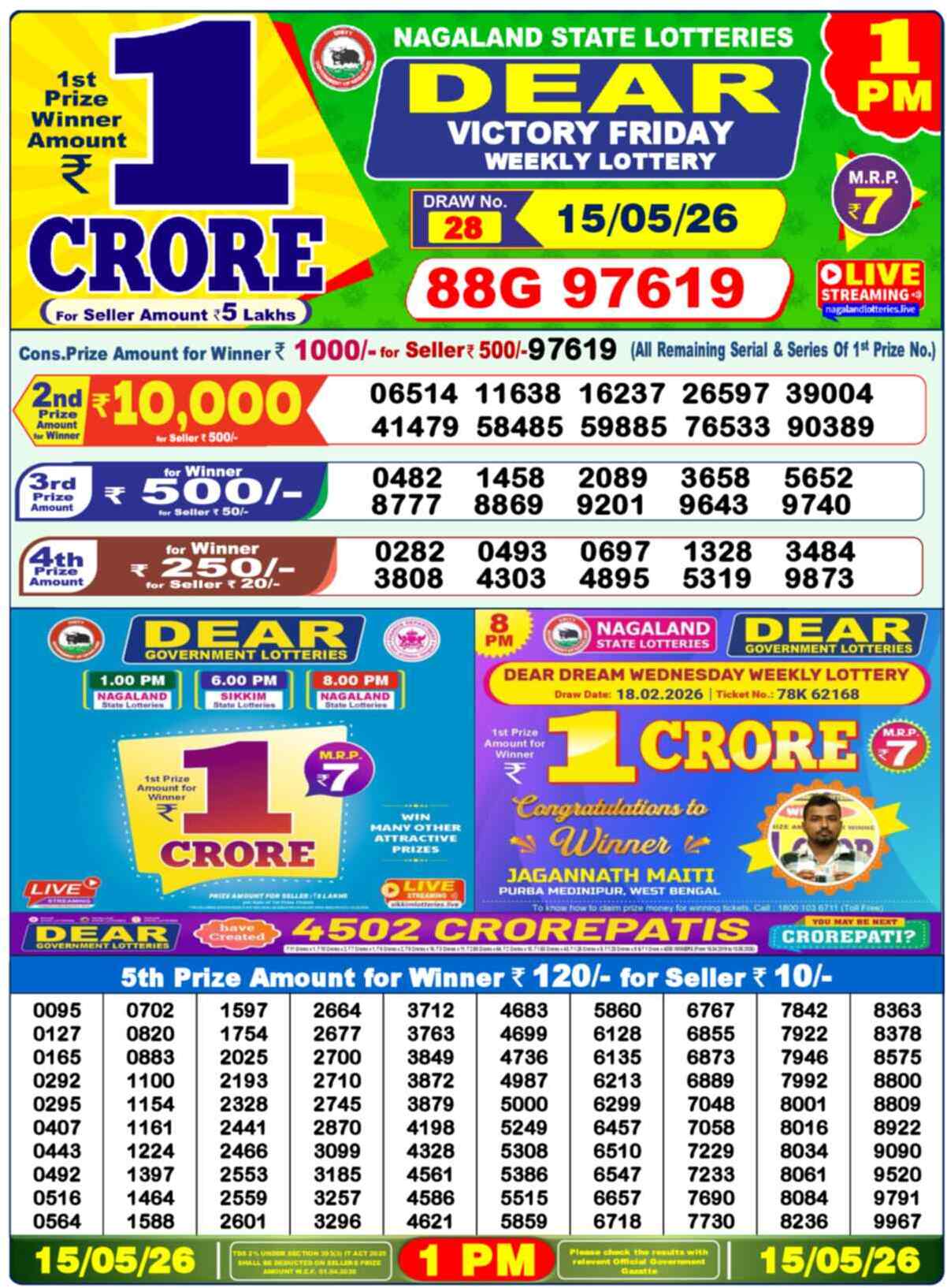 Nagaland Lottery Result Today 1:00 PM 15/05/26