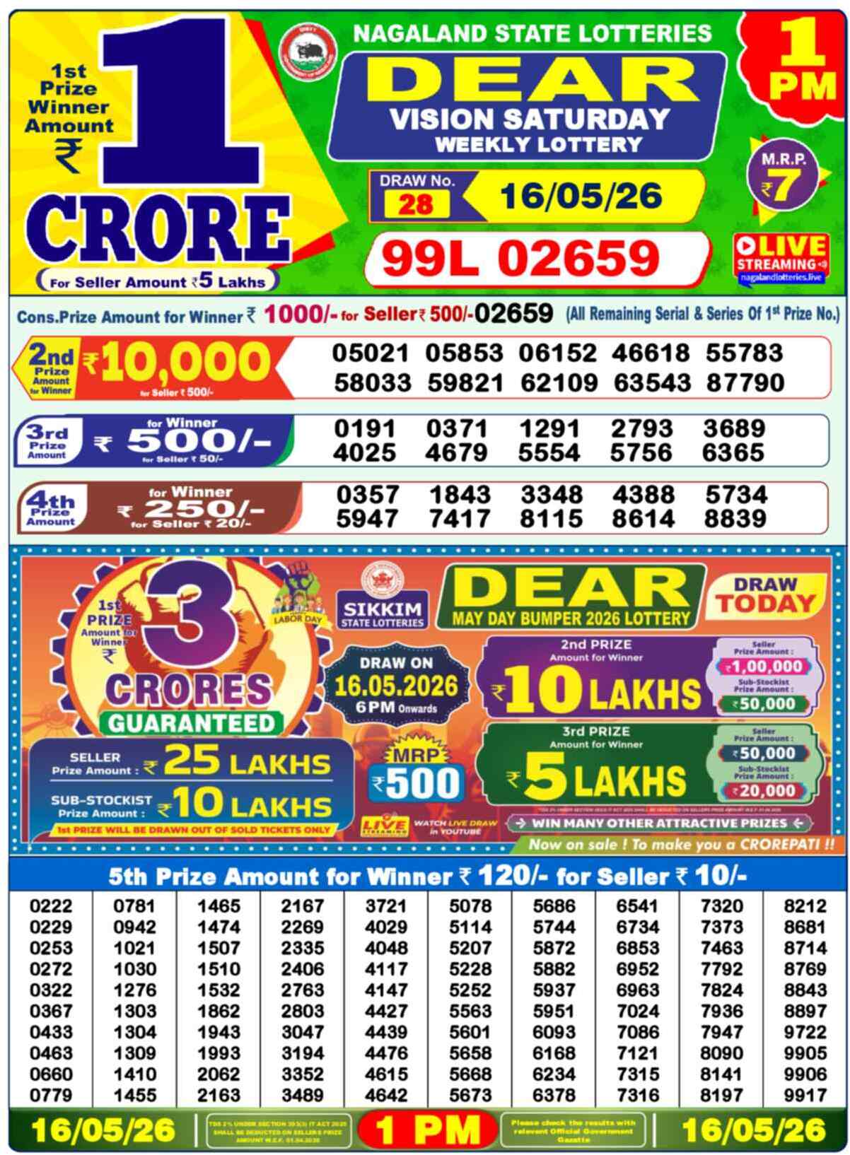 Nagaland Lottery Result Today 1:00 PM 16/05/26