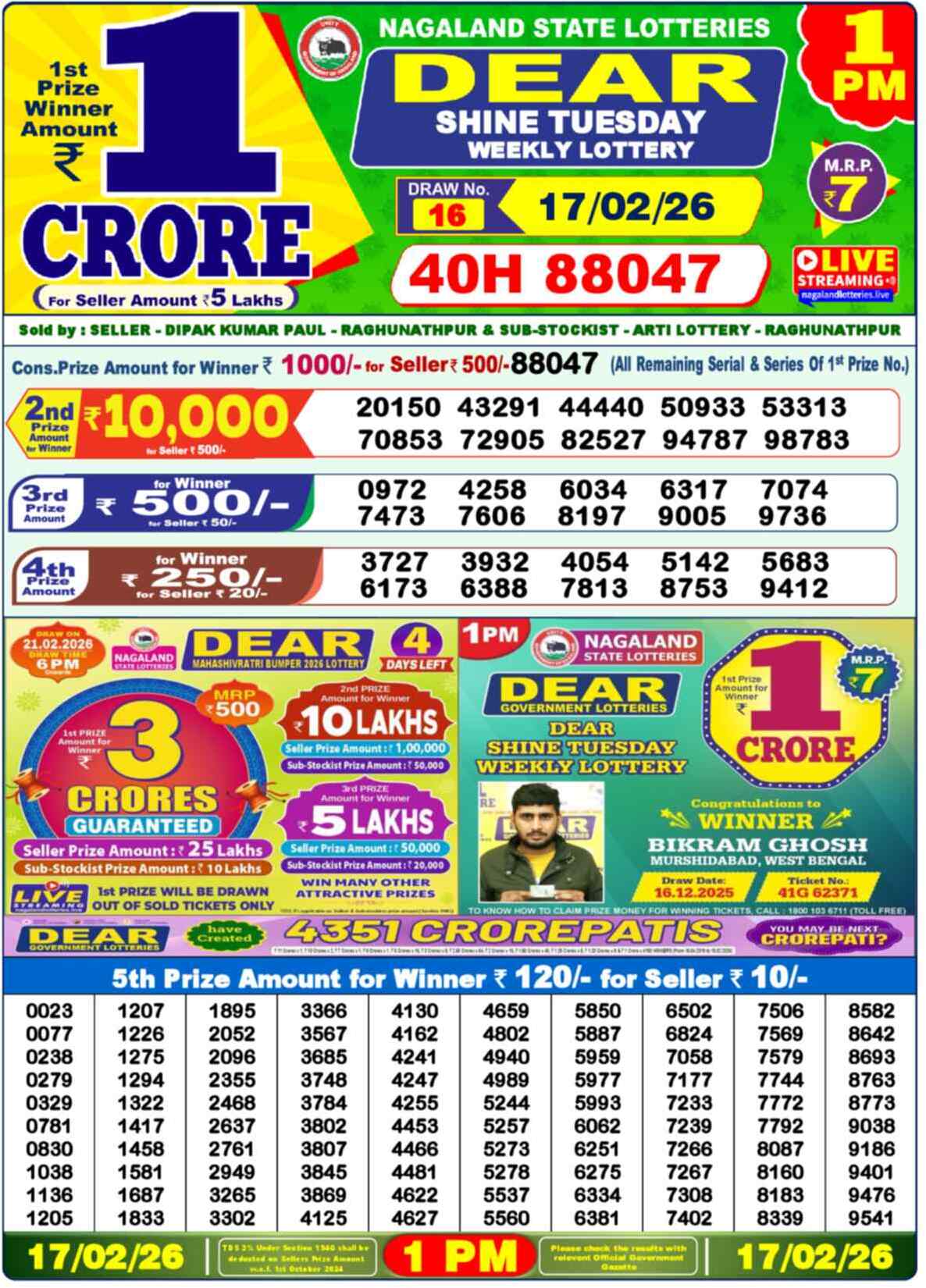 Nagaland Lottery Result Today 1:00 PM 17/02/26