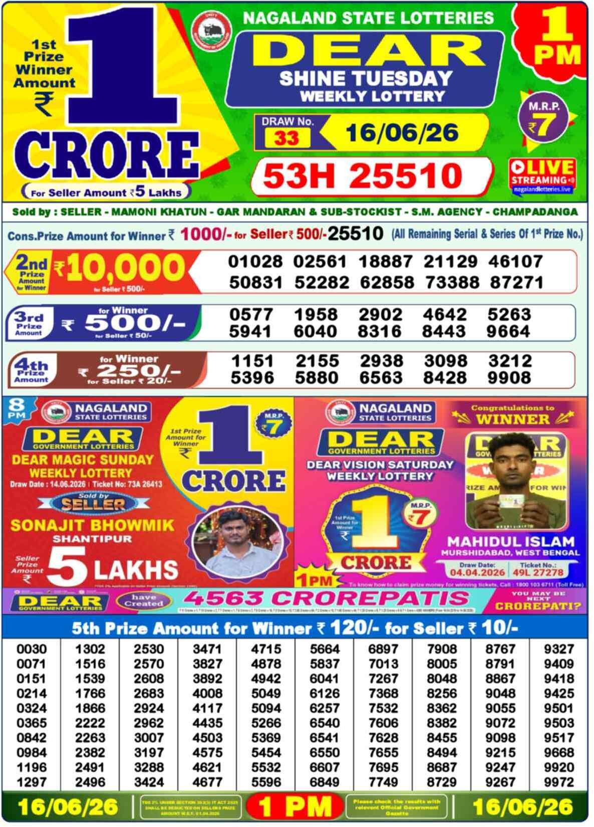 Nagaland Lottery Result Today 1:00 PM 16/06/26
