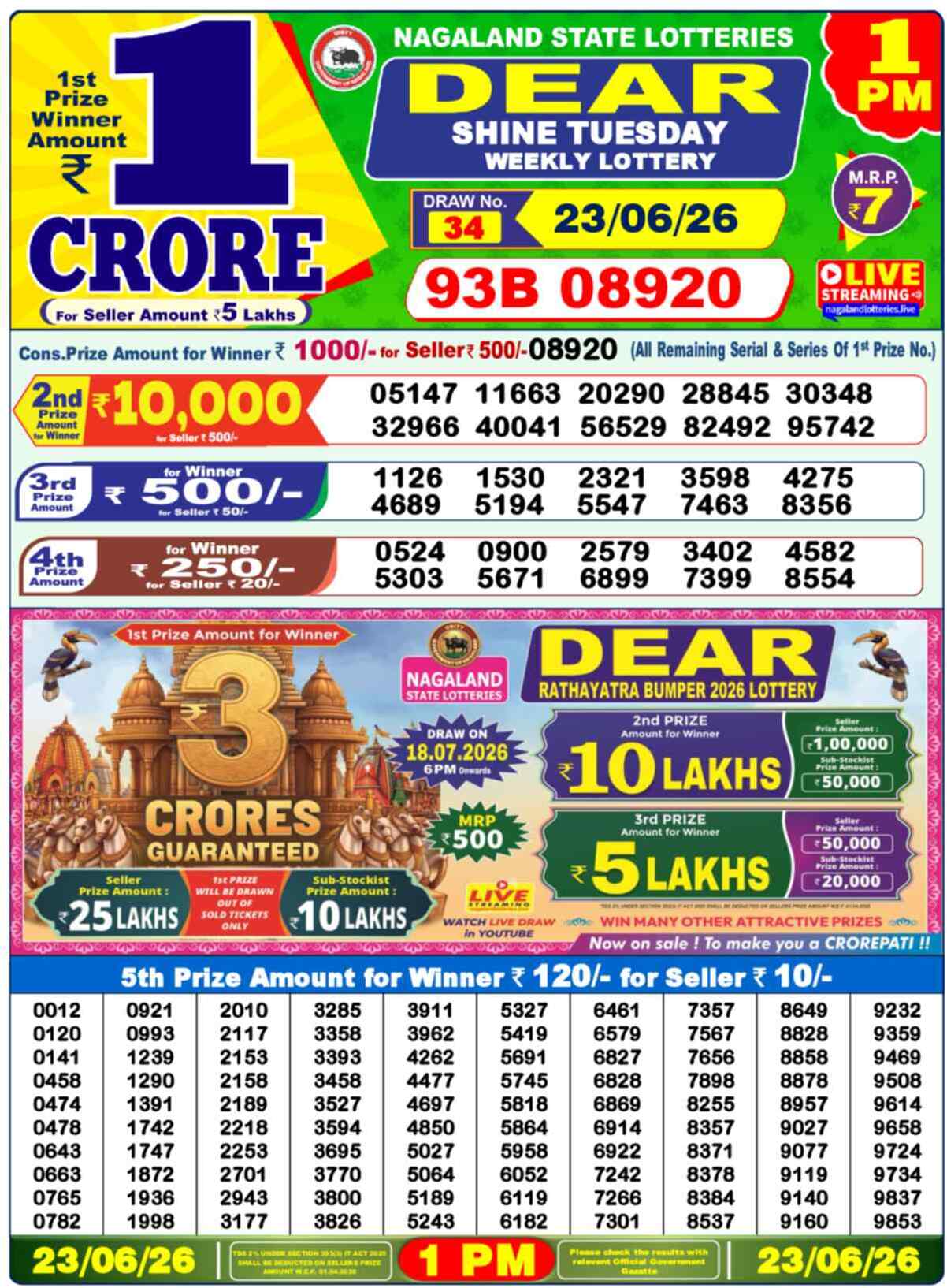 Nagaland Lottery Result Today 1:00 PM 23/06/26