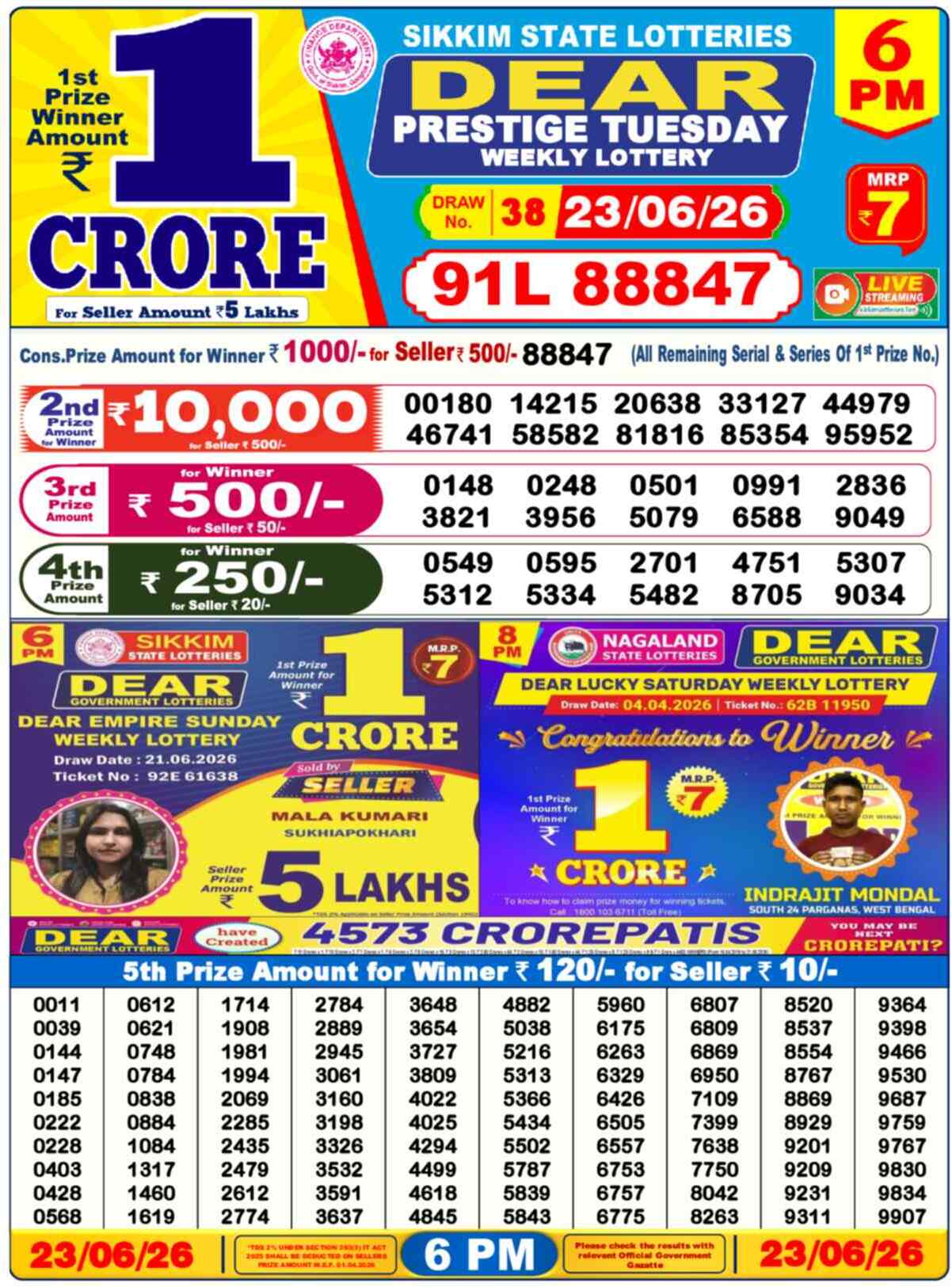 Nagaland Lottery Result Today 6:00 PM 23/06/26