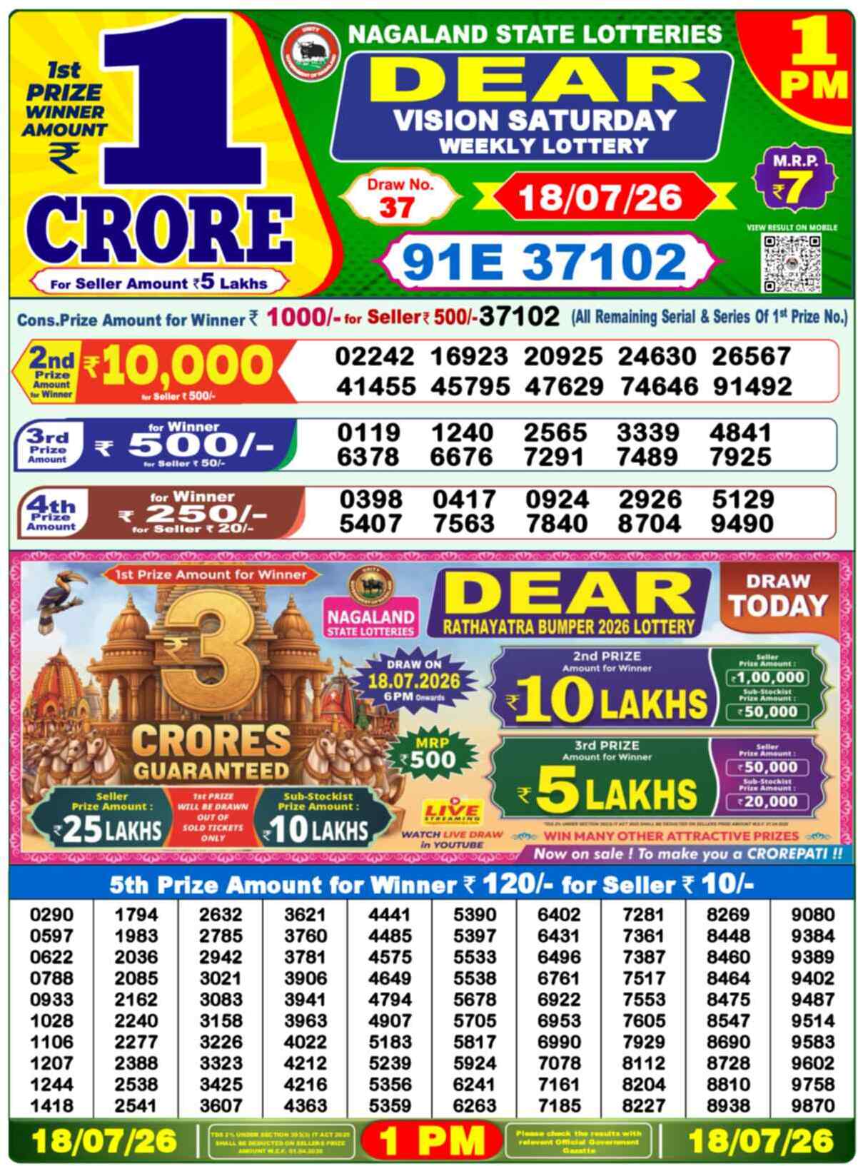 Nagaland Lottery Result Yesterday 1pm 18 July 2026