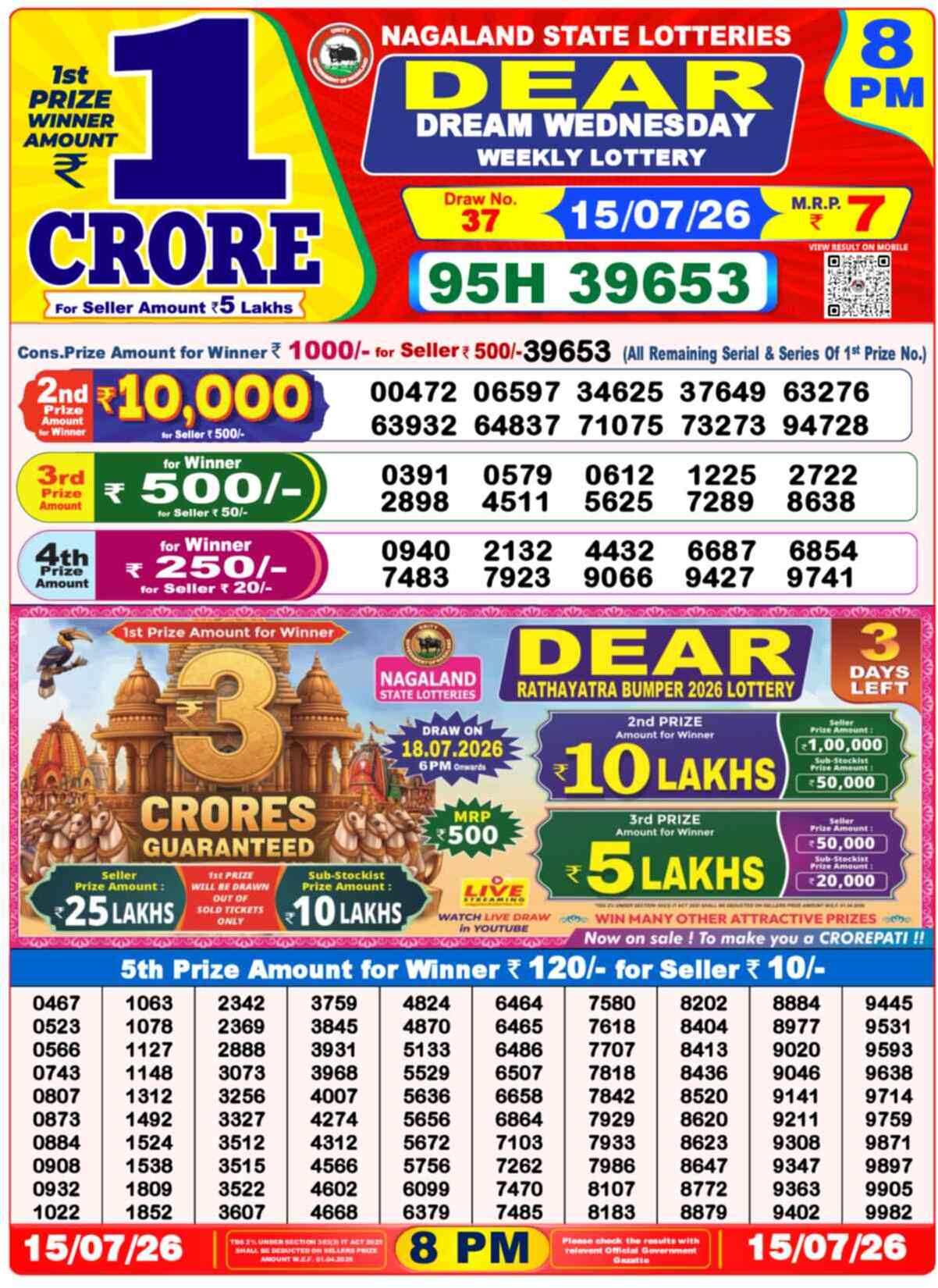 Nagaland Lottery Result Yesterday 8pm 15 July 2026
