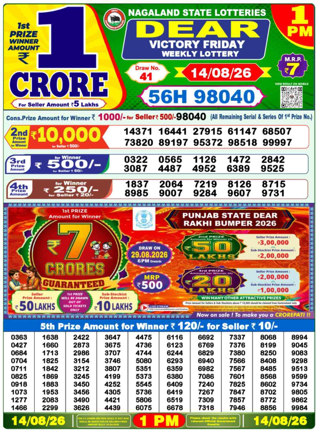 Nagaland Lottery Result Today 1:00 PM 14/08/26
