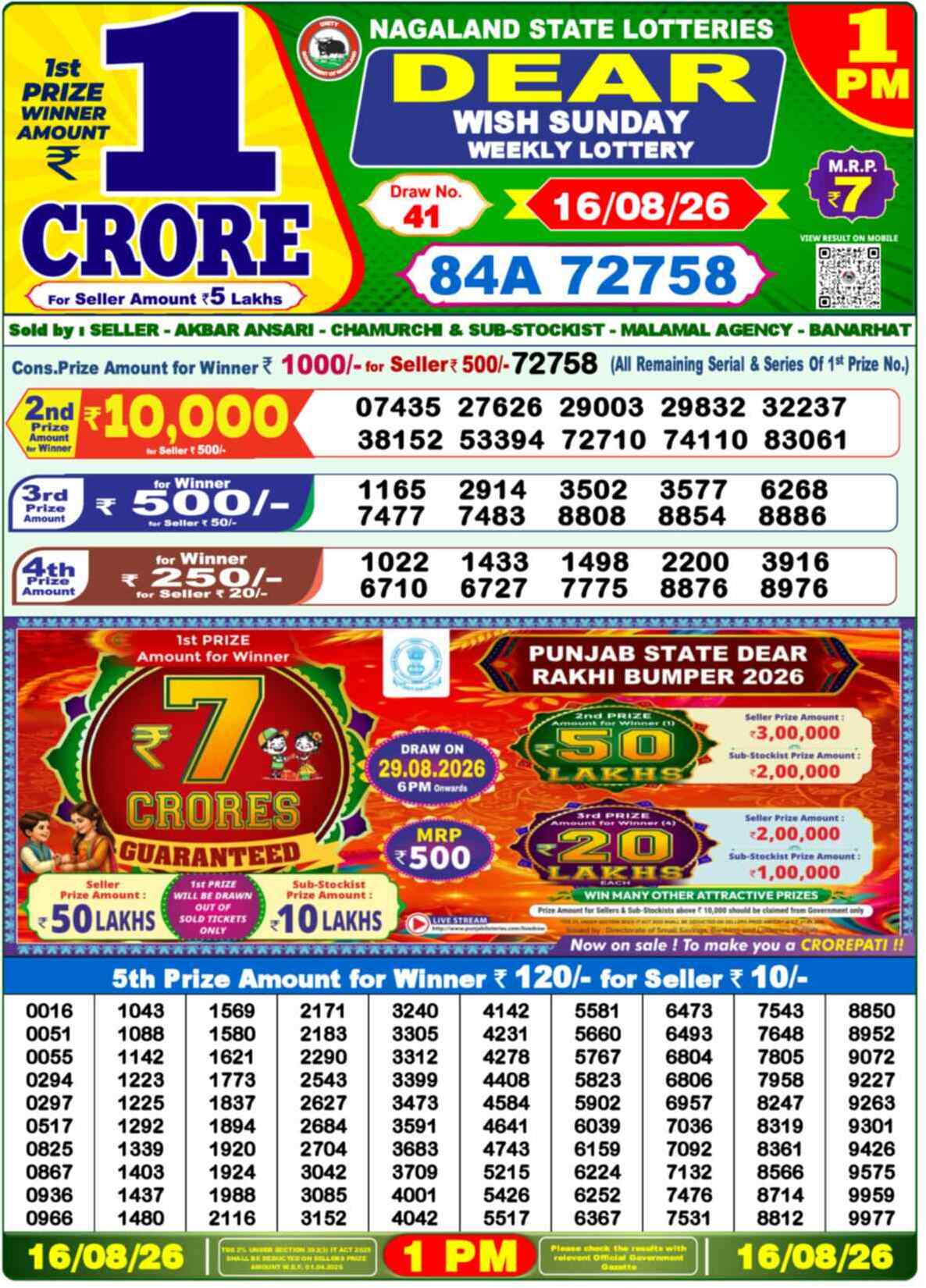 Nagaland Lottery Result Yesterday 1:00 PM 16/08/26