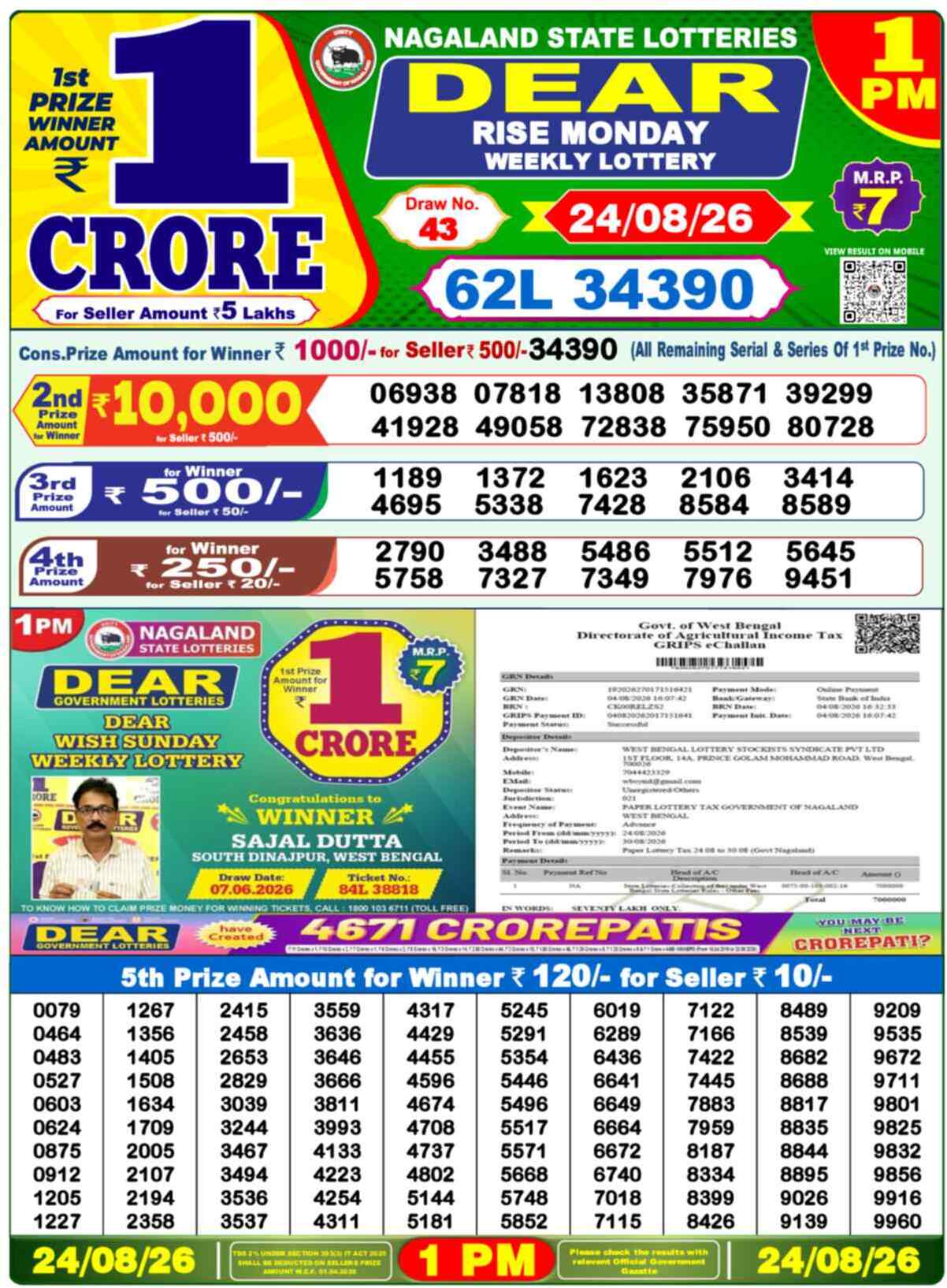 Nagaland Lottery Result Yesterday 1:00 PM 24/08/26