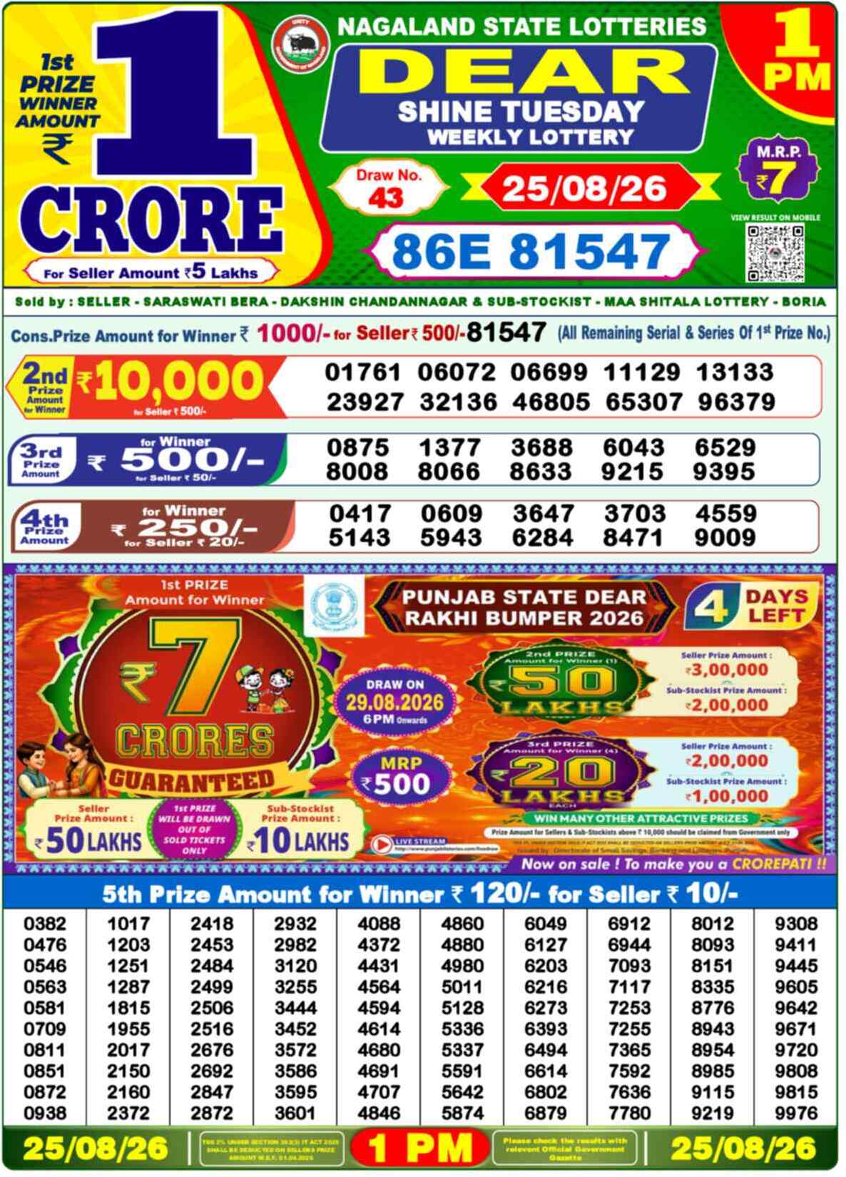 Nagaland Lottery Result Yesterday 1:00 PM 25/08/26