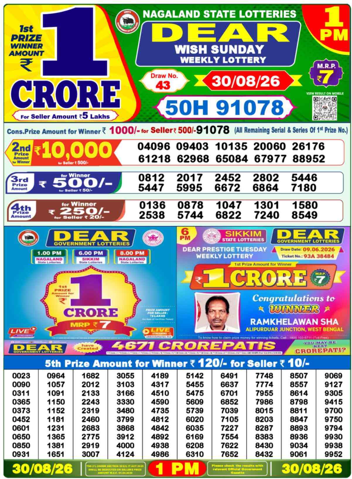 Nagaland Lottery Result Yesterday 1:00 PM 30/08/26