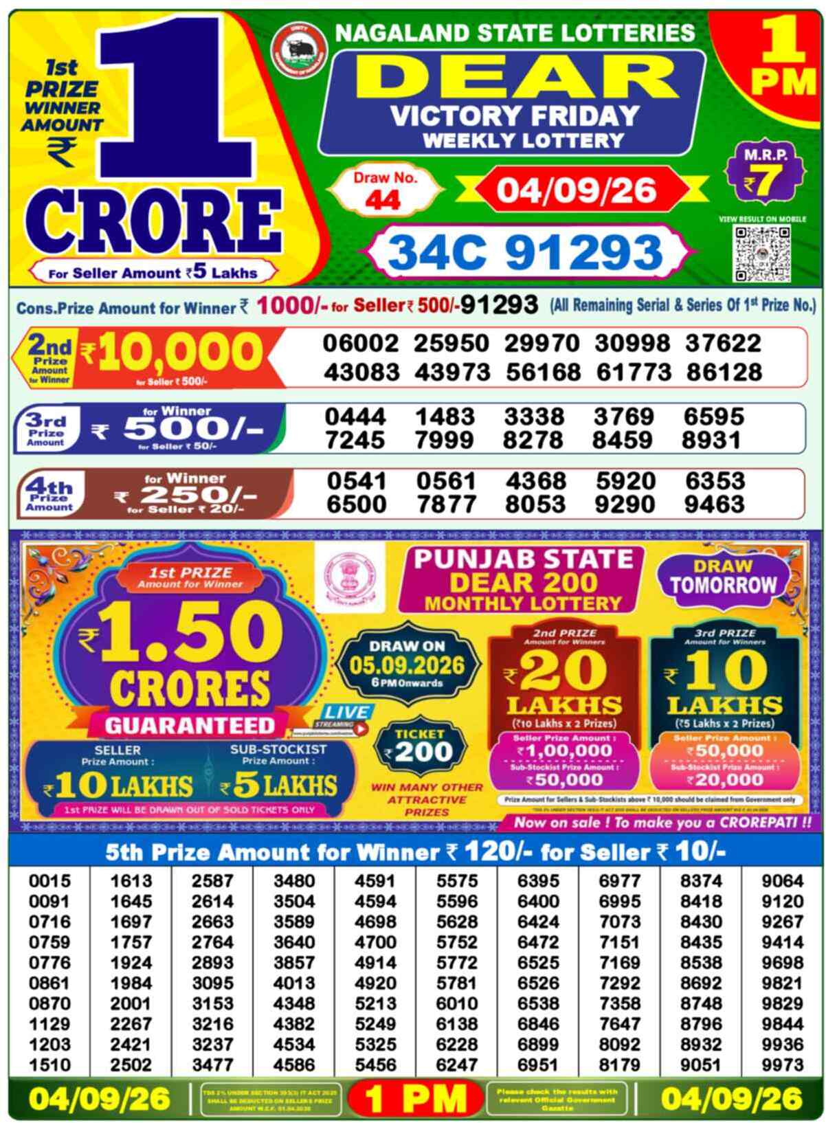 Nagaland Lottery Result Yesterday 1:00 PM 04/09/26