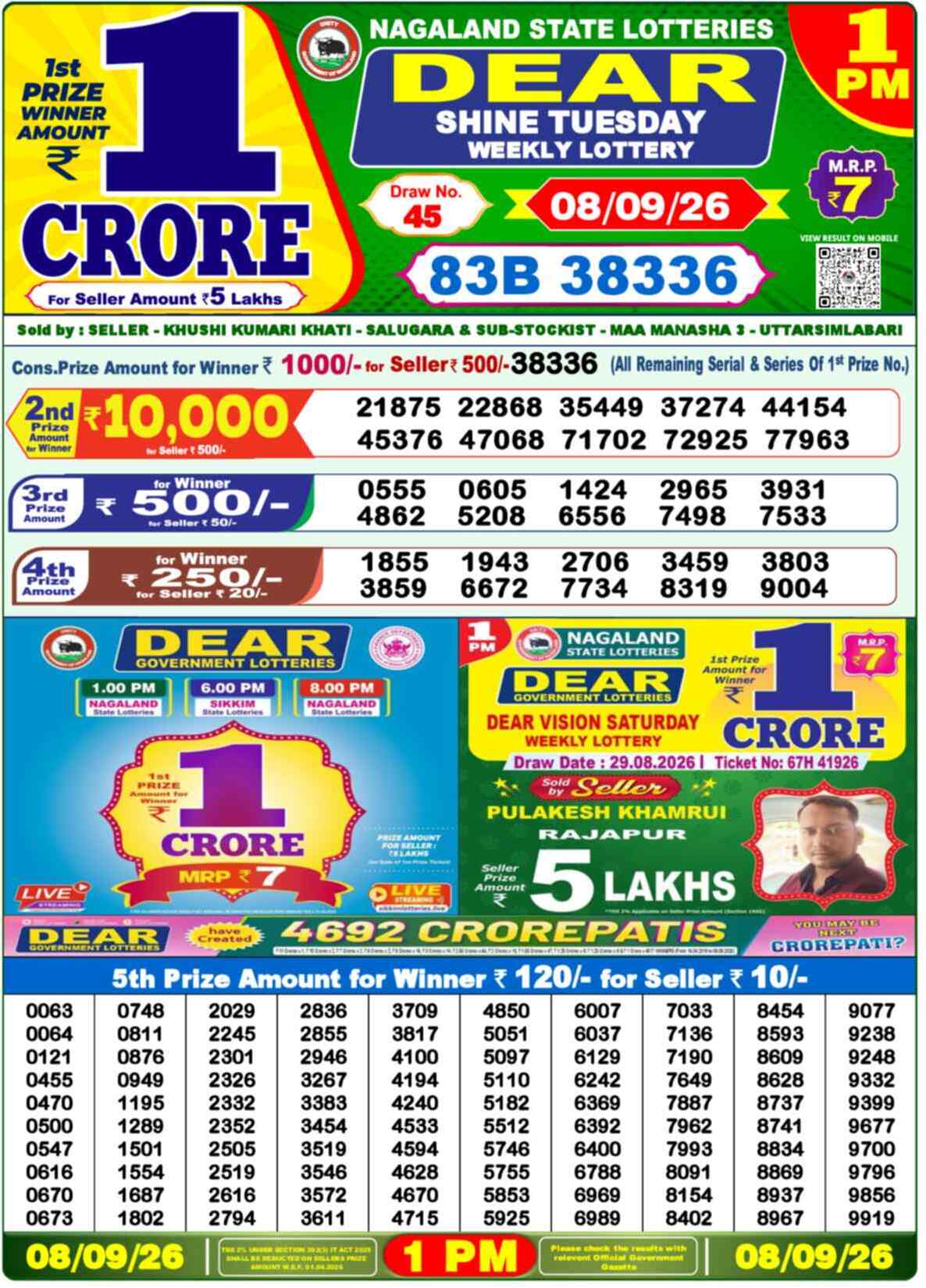 Nagaland Lottery Result Today 1:00 PM 08/09/26