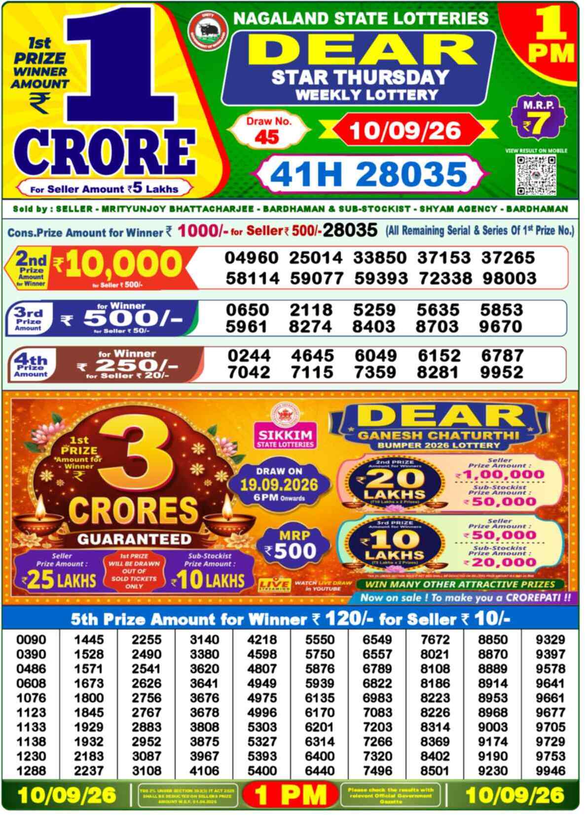 Nagaland Lottery Result Today 1:00 PM 10/09/26