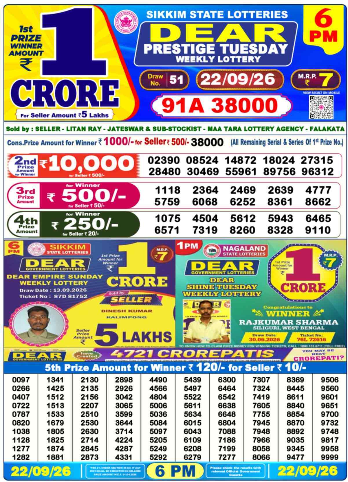 Nagaland Lottery Result Yesterday 6:00 PM 22/09/26