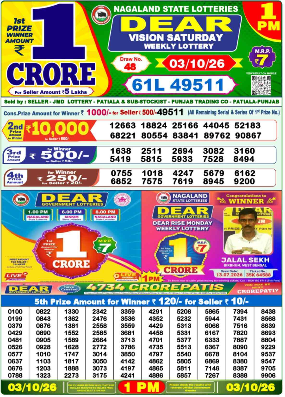 Nagaland Lottery Result Today 1:00 PM 03/10/26