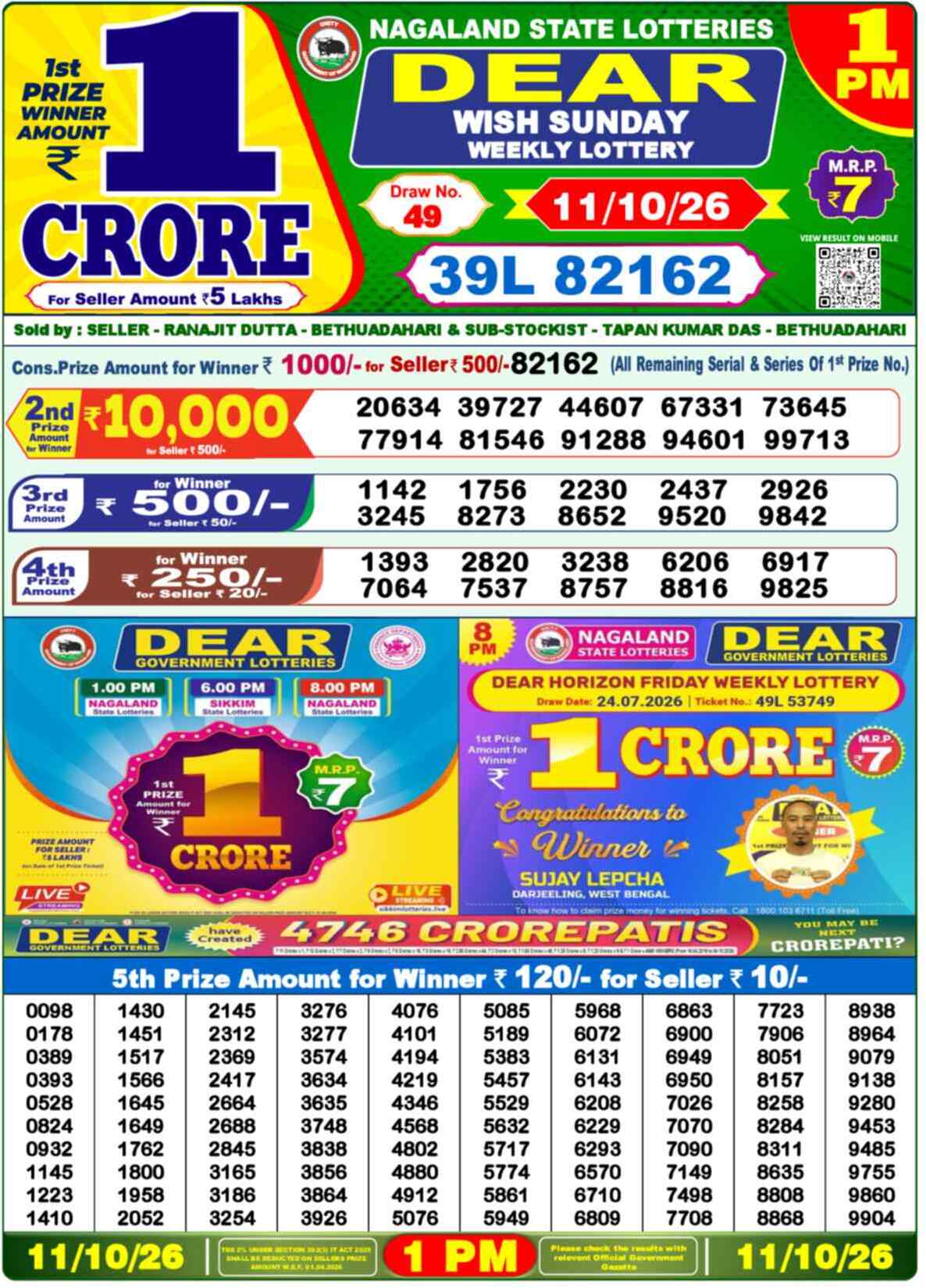 Nagaland Lottery Result Yesterday 1:00 PM 11/10/26