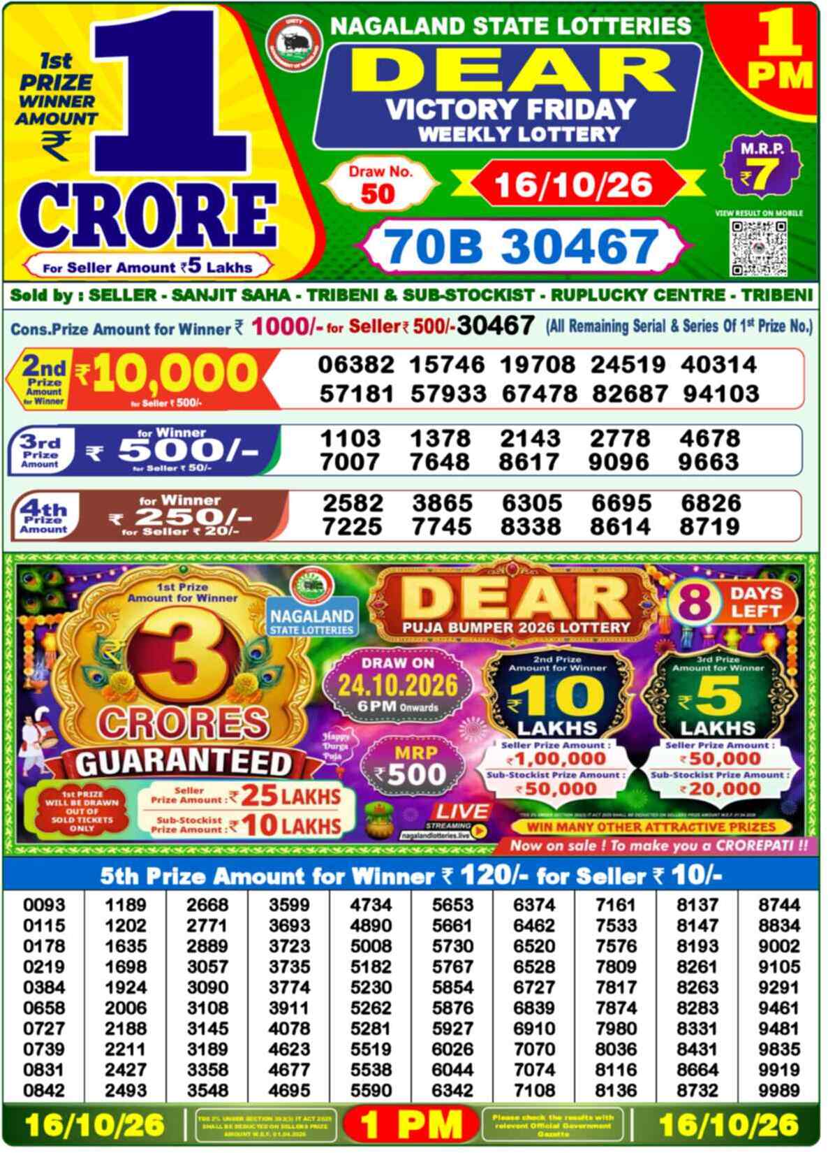 Nagaland Lottery Result Yesterday 1:00 PM 16/10/26