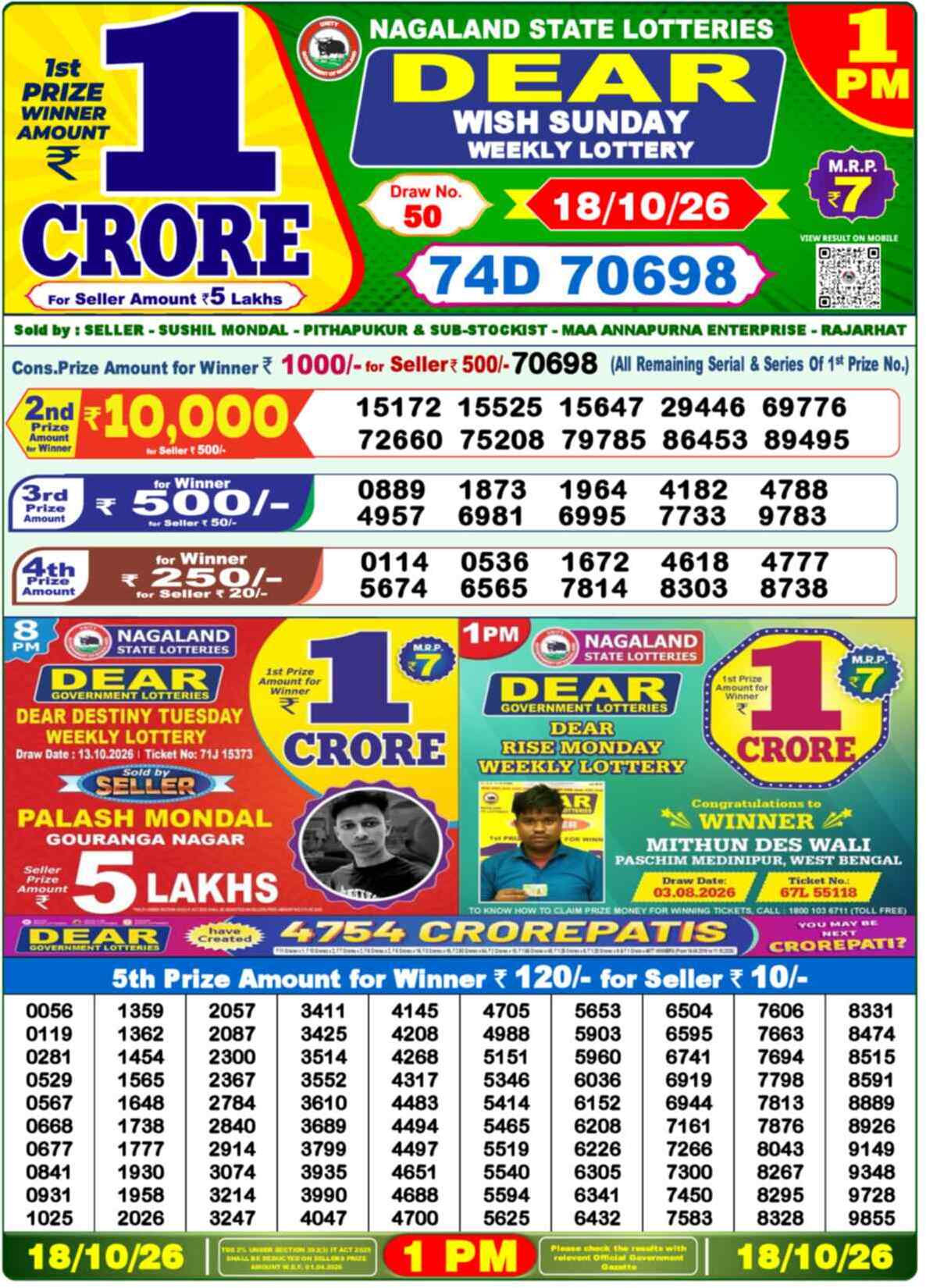 Nagaland Lottery Result Yesterday 1:00 PM 18/10/26