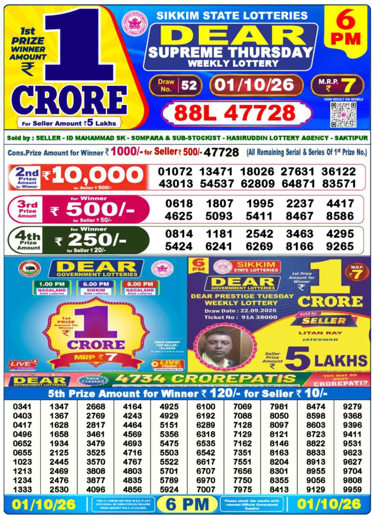 Nagaland Lottery Result Yesterday 6:00 PM 01/10/26