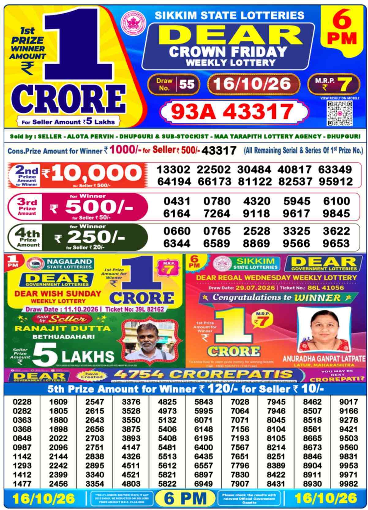 Nagaland Lottery Result Yesterday 6:00 PM 16/10/26